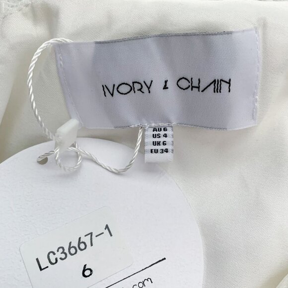 Ivory & Chain Eyelet White Ruffle Shoulder Ruched Mini Dress NWT Size 4 - Picture 9 of 13